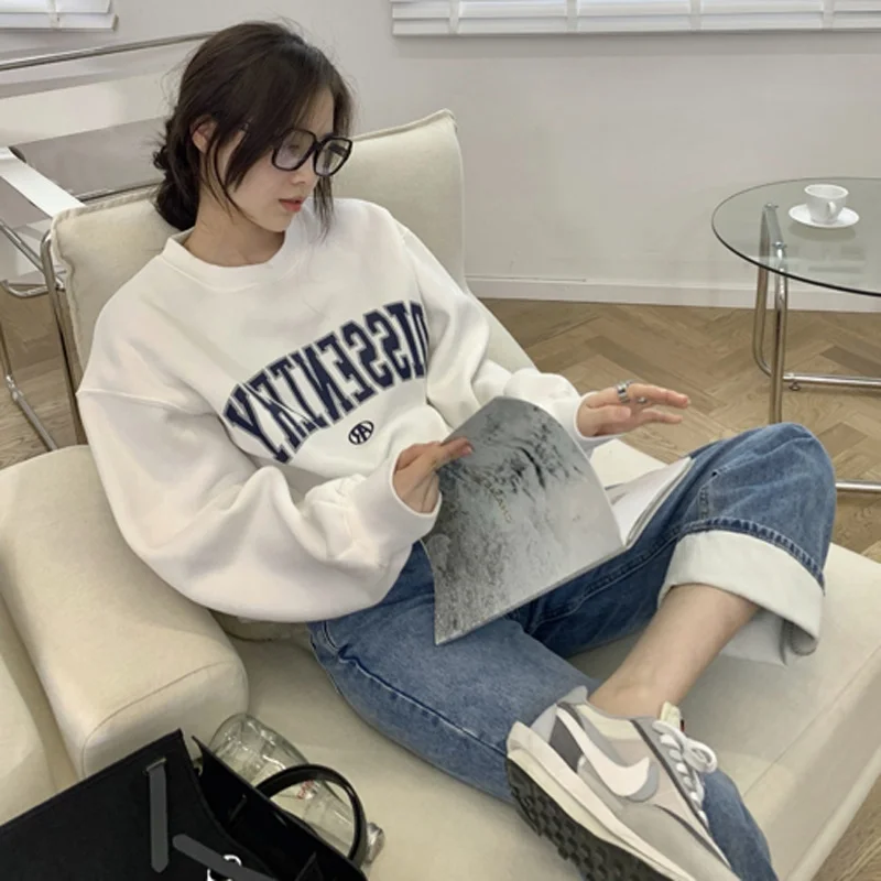 플러스 사이즈 후드티 긴팔 기모 안감 레터 프린트 여성용 봄 가을 레이지 스타일 캐주얼 루즈핏 인스 코튼 폴리에스터 혼방