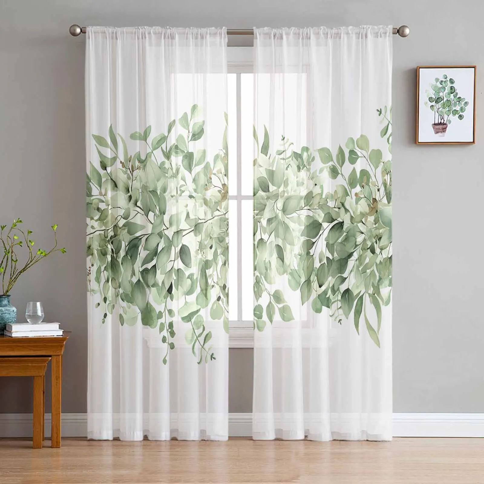 

Spring Watercolor Eucalyptus Leaves Tulle Curtains for Living Room Bedroom Modern Chiffon Sheer Voile Kitchen Window Curtain