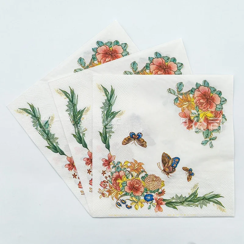 Colorful Butterfly Flower and Grass Printed Napkins 20pcs/Pac Butterfly Valley Bart Paper Wedding Pure Wood Pulp Paper Placemats