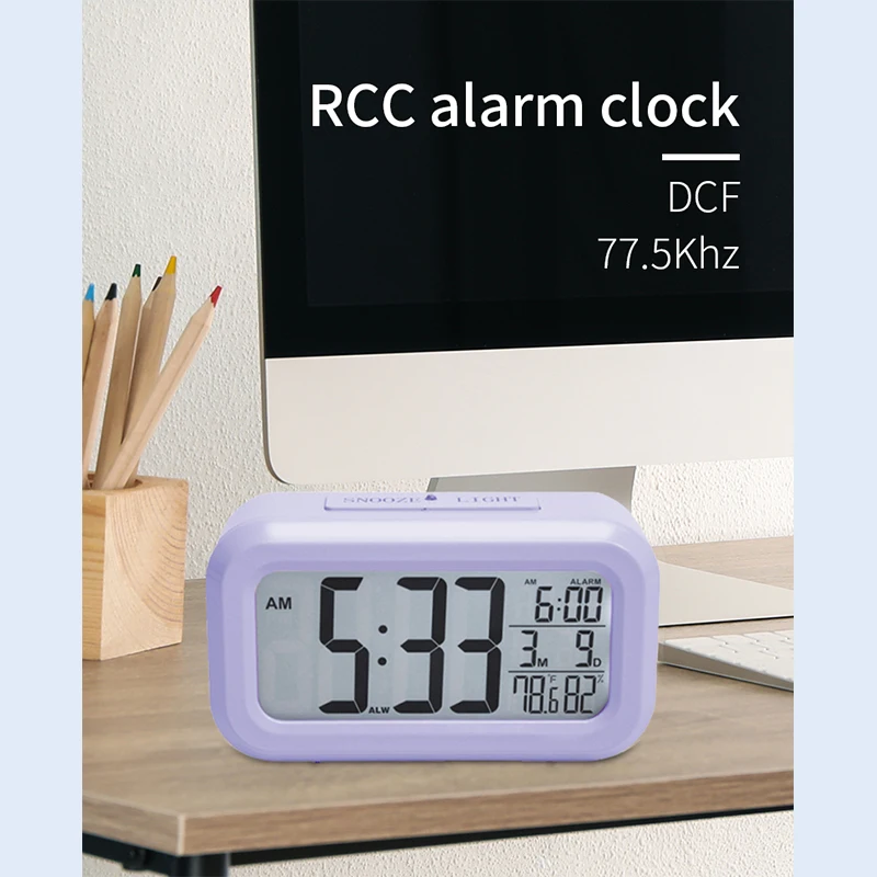 

RCC Alarm Clock DCF Simple Design Calendar Temperature Humidity Light Sensor Multiple Function Multiple Colour bedroom