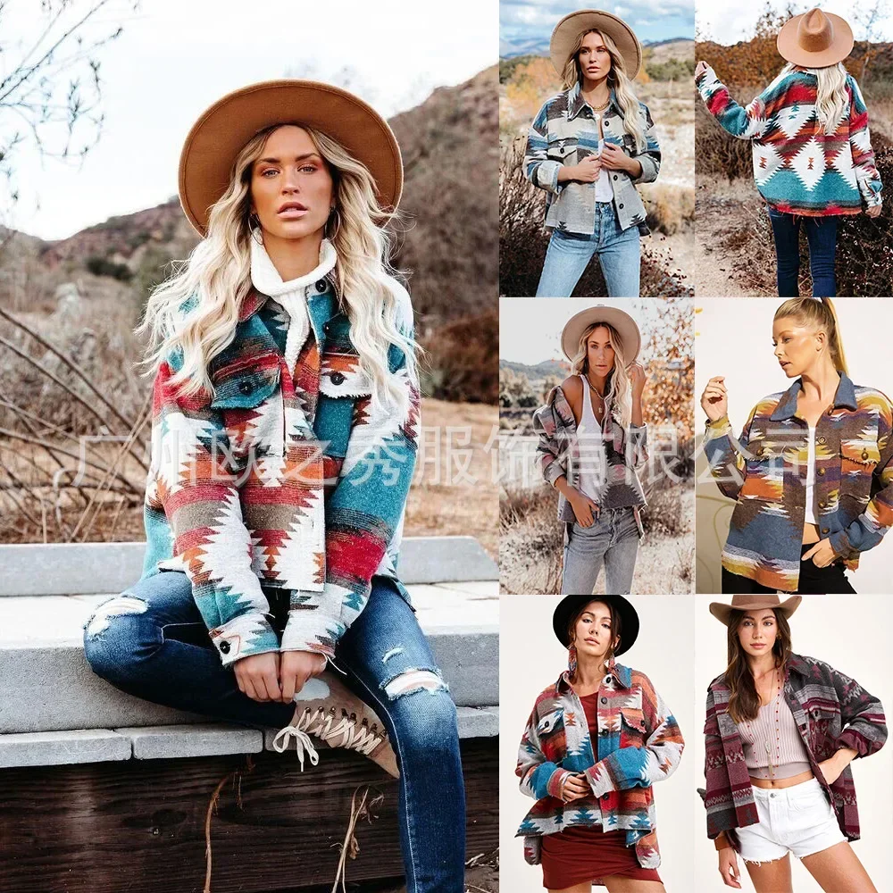 

Fashion Jacket Women Autumn Winter Retro Geometric Printed Woolen Loose Multi Color Coat Women