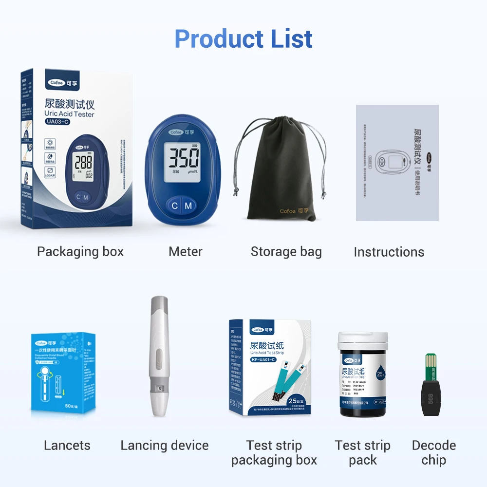 Cofoe UA03 Uric Acid Meter with Test Strips And Lancets Needles For Home Uric Acid Measurement Of Gout Tester Device uric acid test strips