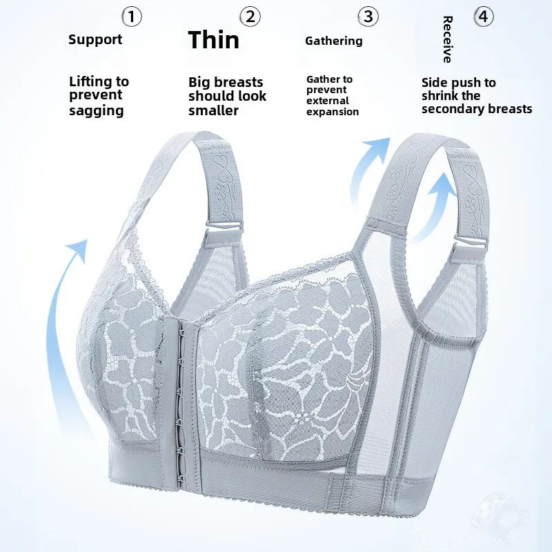 Women's plus size lace underwear with front buckle lightweight design without steel ring adjustable lifting and anti sagging bra 4