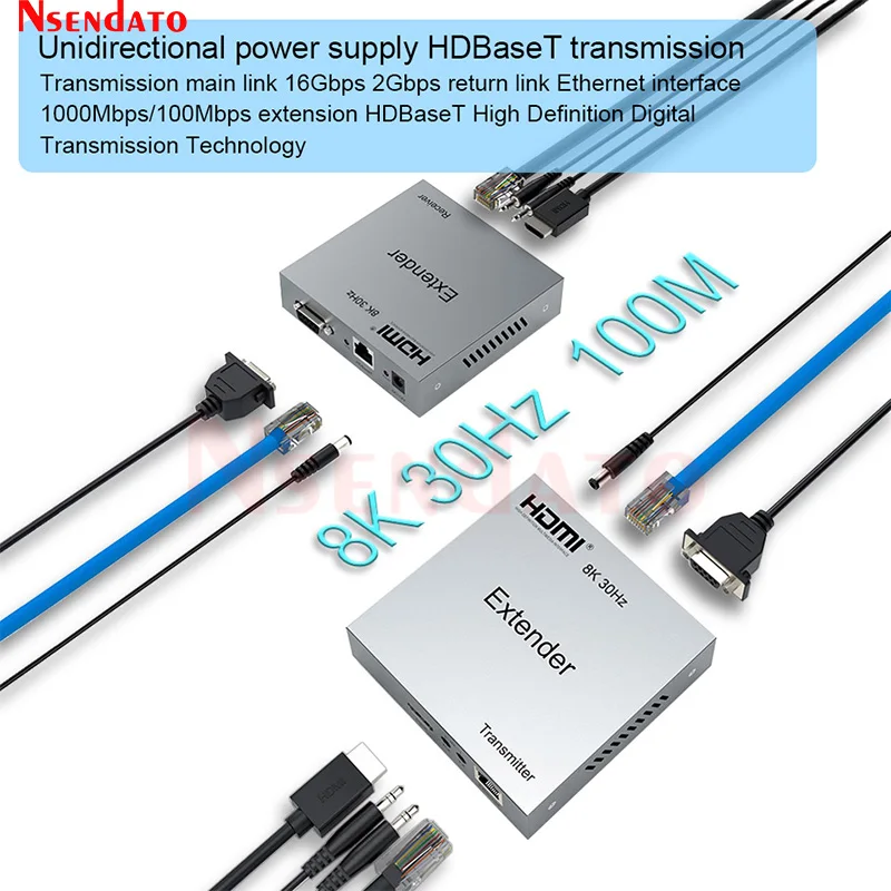 8k 30Hz HDBaseT HDMI Extender 100M Over Cat6/6a 4k 120Hz hdbaset extender HDMI Video Transmitter and Receiver Extender For PC TV