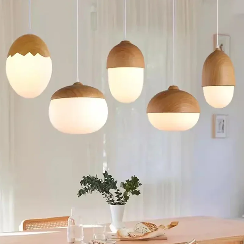 

Nordic Wood Grain Pendant Light Nut Single Head Milk White Dining Room Hanging Home Fixture Bedroom Staircase Iron Illumination