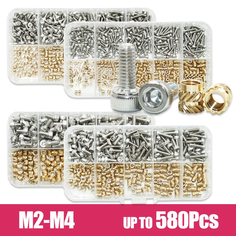 Brass Insert Nut and 304 Stainless Steel Hex Socket Head Cap Screw Set Hot Melt Heat Press Embed Copper Insertnut for 3D Printer