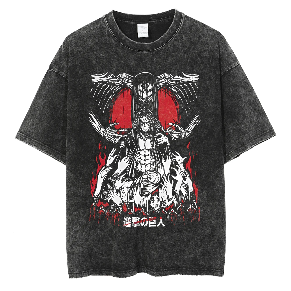 2026 Anime Attack on Titan Eren Jaeger Printed T-shirt Men's and Women's Washed T-shirt High Quality Vintage Cotton T-shirt Top