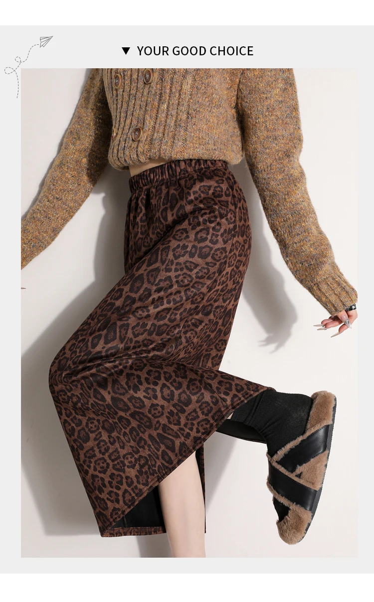 Amerikanische Frauen Leopard Gedruckt Midi Rock Mode Elastische Hohe Taille Chic Split Elegante Büro Damen Lose Beiläufige Weibliche Röcke – Detail 1