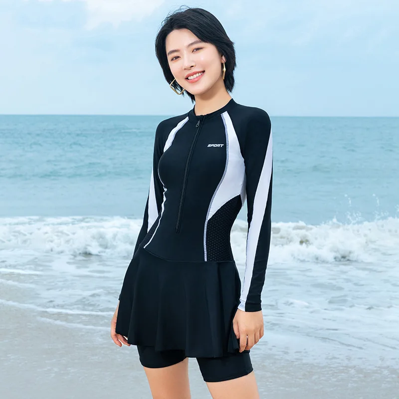 

Plus Size Summer Swimwear Women Long Sleeve One Piece Swimsuit Skirt Modest Swimming Suit Conservative Beachwear Surfing Suit
