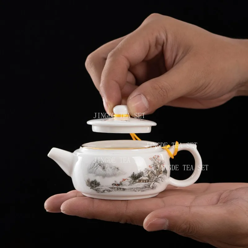Chinese Teapot Xuejing Ceramic Small Capacity Teapot Household White Porcelain Teapot Underglaze Color Kung Fu Tea Set
