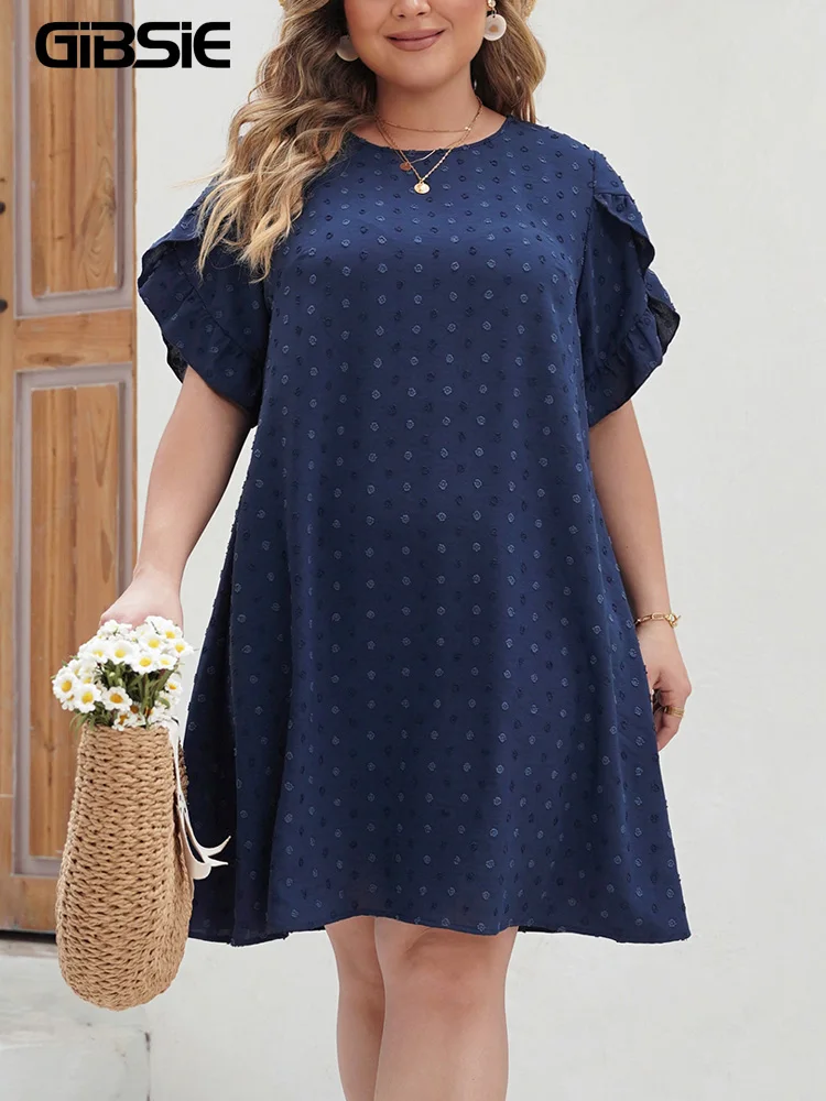 

GIBSIE Plus Size Solid Swiss Dot O-Neck Women Dress Summer 2024 Boho Casual Short Sleeve Holiday Female Loose Mini Dresses