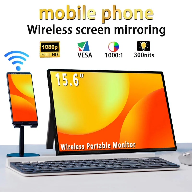 AHXJKA15.6 인치 WiFi 무선 프로젝션 모니터 IPS(타입-C 미니 HDMI 포함)는 노트북 전화 PS4/5 XBox Mac TV용 원라인 링크 가능