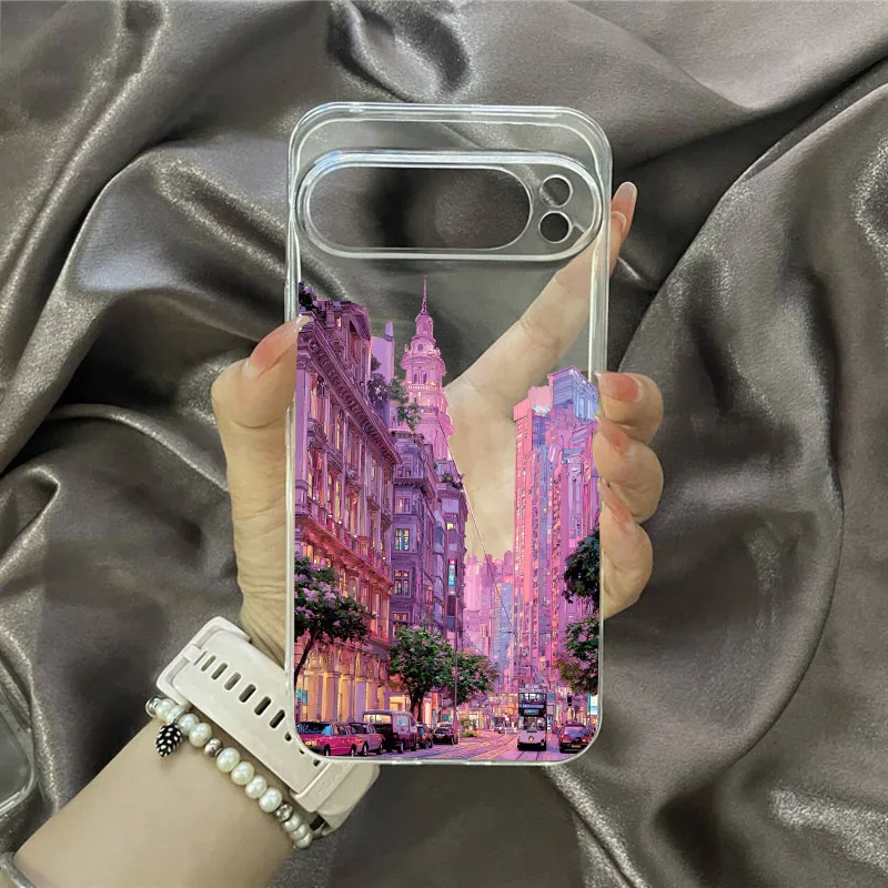 Anime Cityscape Transparent Phone Case with Pink Sunset TPU Cover