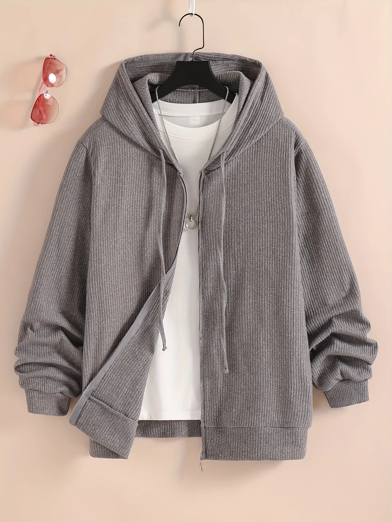 Plus Size Women's Gray Ribbed Zip-Up Hoodie Oversized Casual Daily Jacket (0XL-4XL)
