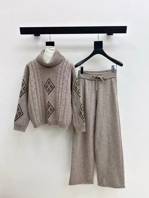 Col haut couleur contrastée tricoté décontracté laine cachemire pull taille haute décontractée jambe large pantalon automne nouvel ensemble pour femmes 1