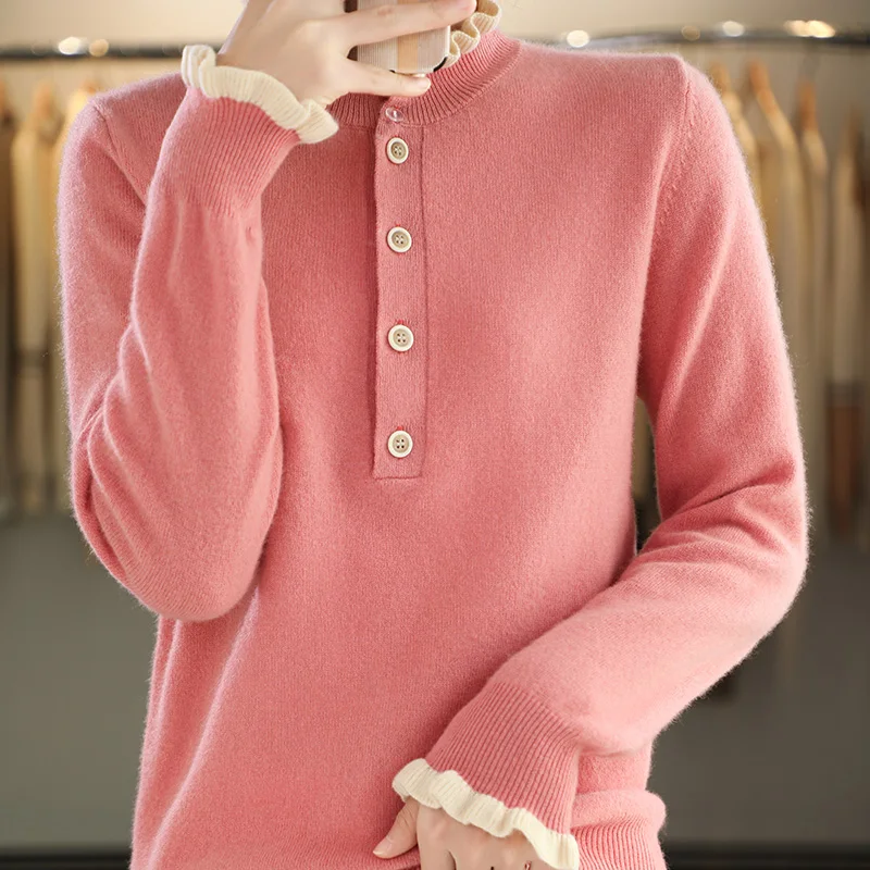

Hot selling women's half high neck 100% wool sweater Solid color knitted slim fitting fashion long sleeved women's pullover