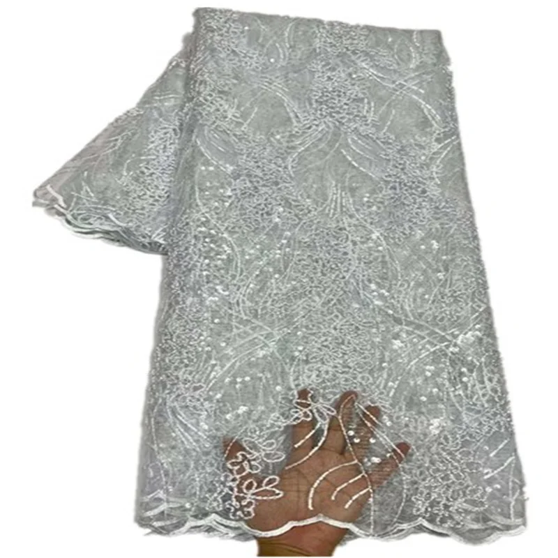 

2023 High Quality African Lace Fabric Sequins French Net Lace Tulle Mesh Fabrics Lace for Party Dress FR27