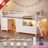 Low Loft Bed Twin Size with 7 Storage Drawers, Bookcase and LED Lights, Metal Kids Loft Bed with 14" H Safety Guardrail 2