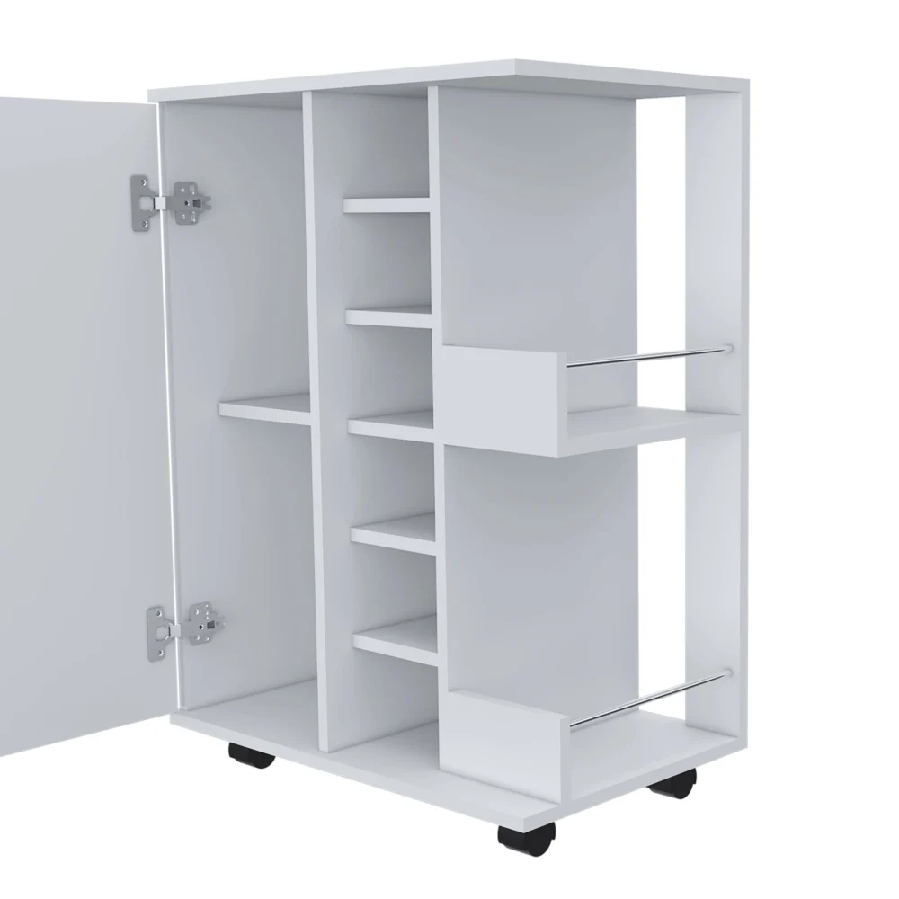 32" H White Bar-coffee Cart Cabinet Storage 4 Wheels 1 Divided Storage with 1 Shelf, Fold Ing Door A Central Vertical Division
