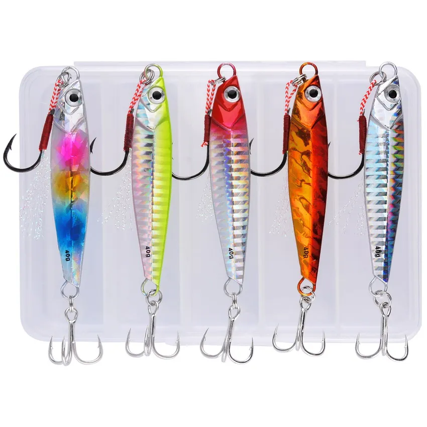 Description Picture 4 of item5pcs/box Slow Sinking Metal Cast Jig Spoon Set 7g-40g Shore Throwing Sea Bass Bait Artificial Bait Fishing Tackle for Tuna