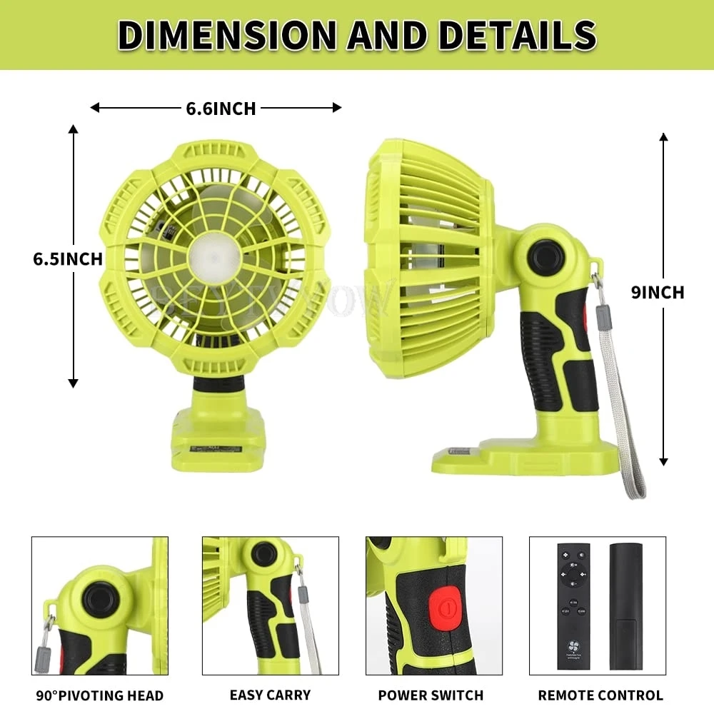 Cordless Fan Compatible with Ryobi 18v Battery with 300LM LED Light Portable Cam