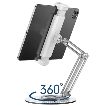 360° Swivel Tablet Stand for Desk, Stable Tablet Cellphone Holder with Heavy Metal Base, Adjustable & Foldable 1