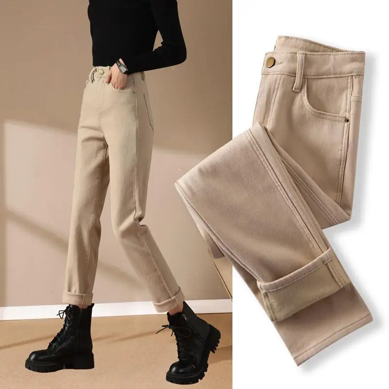 Women's Solid Color High Waited Button Patchwork Pockets Autumn Winter 2023 New Thick Slim-fitting Straight Denim Casual Pants
