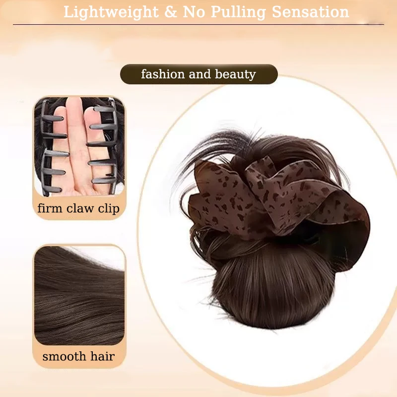 Synthetic Messy Hair Bun Extension Wig Claw Clip Updo Hair with Leopard Scrunchie Hair Clips Hairpiece for Women Daily Party Use