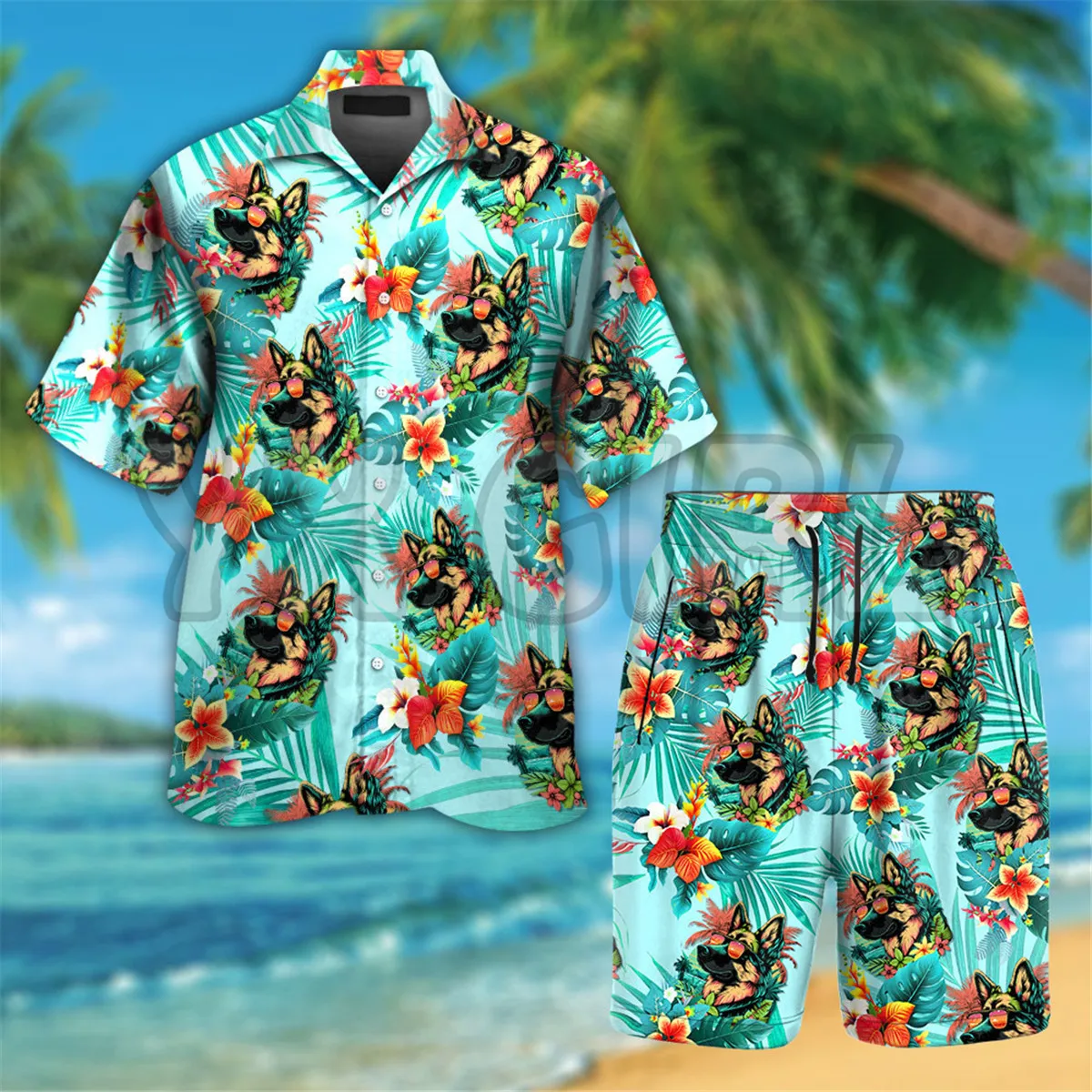 German Shepherd Dog Wearing Sunglass Funny Colorful Hawaiian Shirt 3D Printed Hawaiian Shirt+Beach Shorts Men Love Dog Gift