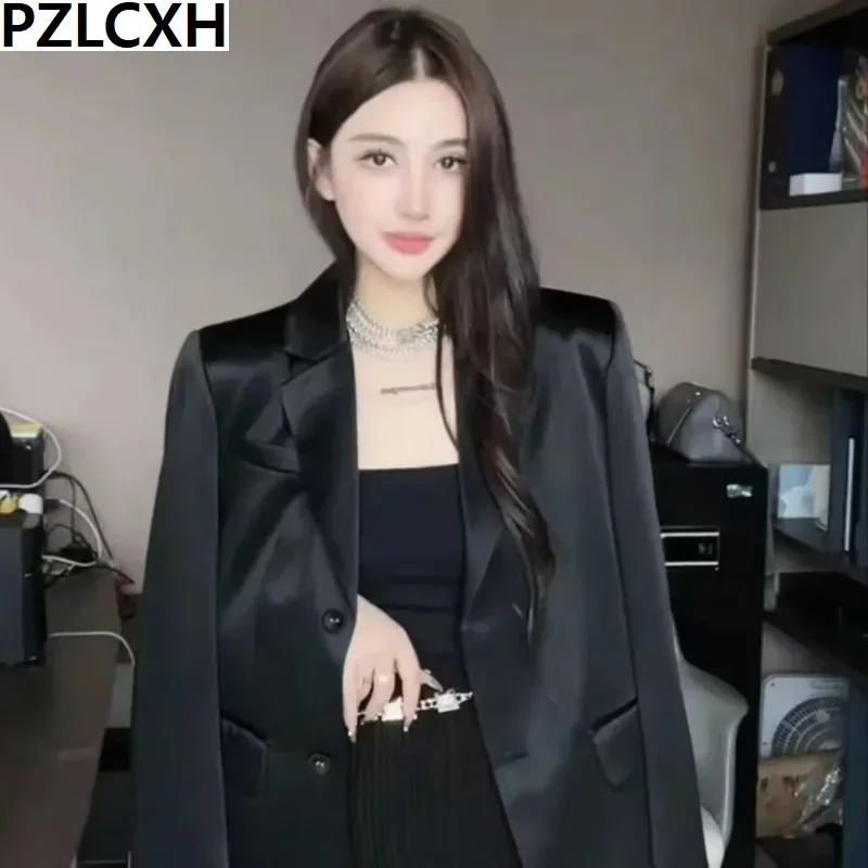 New Women's Top Coat Blazer Women Clothing High Street High-end Satin Small Suit Spring Fashion New Lapel Solid Color Office