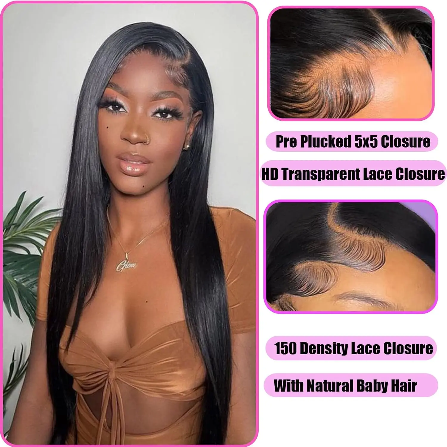 Ulrica Straight Hair Closure 5x5 Human Hair Natural Color Pre Plucked Closure 5x5 HD Lace Hand Tied Brazilian Human human hair closure