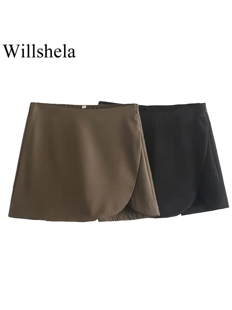 

Willshela Women Fashion Solid Skirts Shorts Vintage High Waist Side Zipper Side Slit Female Chic Lady Shorts
