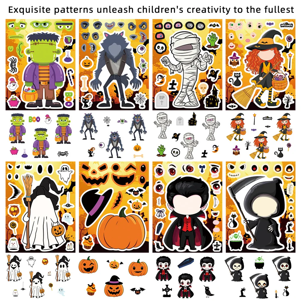 16PCS 할로윈 얼굴 스티커 만들기 어린이 퍼즐 할로윈 파티 선물 상자 선물 고정 스티커