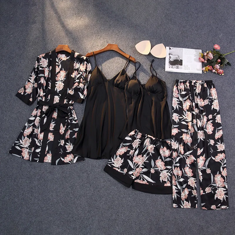 2024 New Top Women's Pajamas with Chest Pads, Printed Front Silk Thin Five Piece Set Home Clothing, Pajama Set Five Piece Set