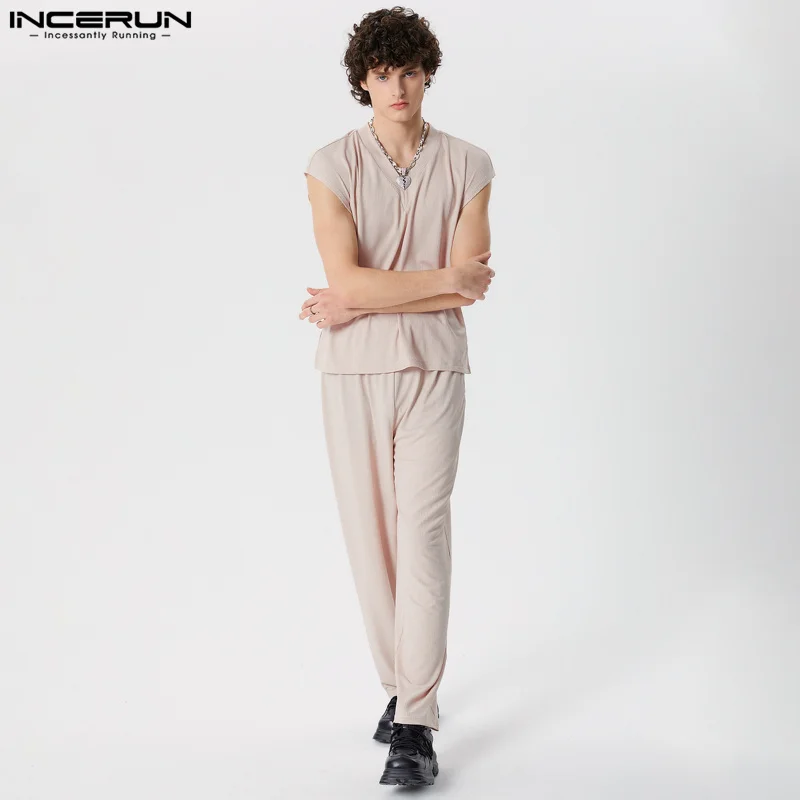 

Топ Мужской с V-образным вырезом, Повседневная Свободная одежда INCERUN, однотонные длинные брюки, блузка, футболка, костюм в уличном стиле, лето 2024