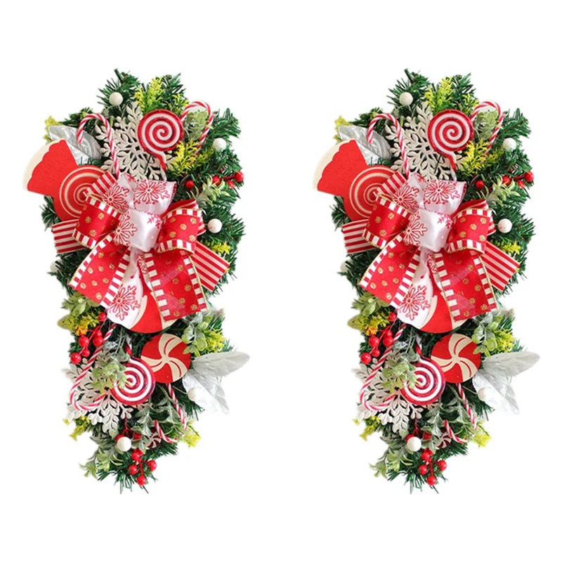 

2Pcs Christmas Candy Cane Wreath For Front Door Christmas Stairway Decorations Christmas Wreath For Indoor Decor Easy Install