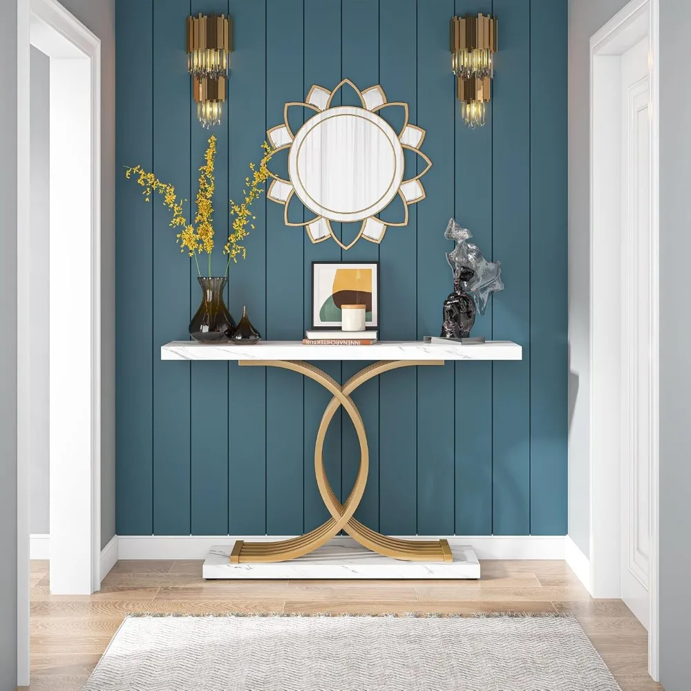 Gold Entryway Table, Modern 39-Inch Console/Accent Table with Geometric Metal Legs, Faux Marble Narrow Wood Sofa Table 5