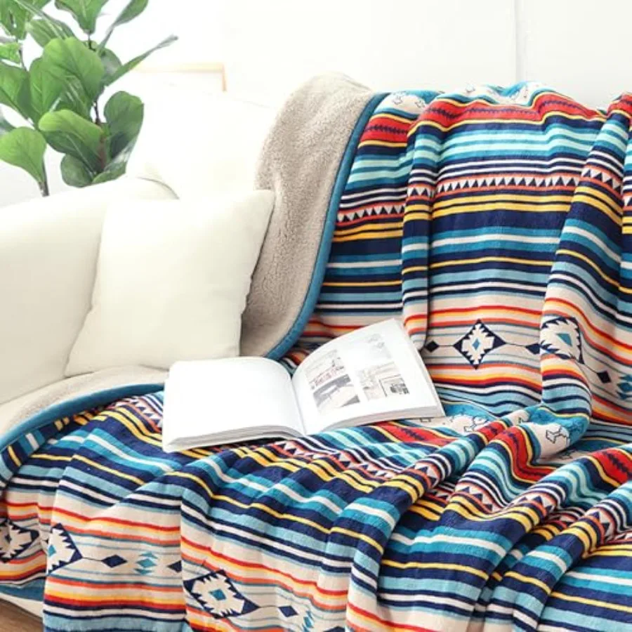 Bohemian Sherpa Bed Blanket King Size 90'' x 108'' with Native American Design for Cozy Warmth on Bed Couch or Sofa Ideal for I