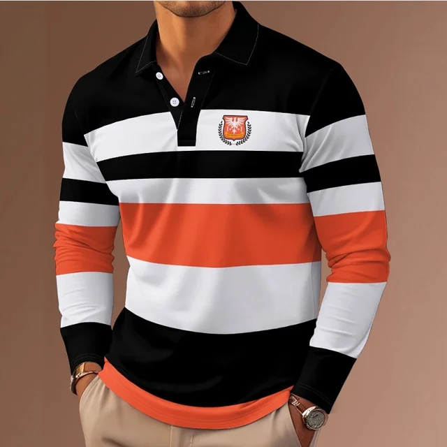 2025 nouveau classique rayure imprimé hommes à manches longues polos automne décontracté confortable ajustement bouton Polo hauts rue homme pull 1