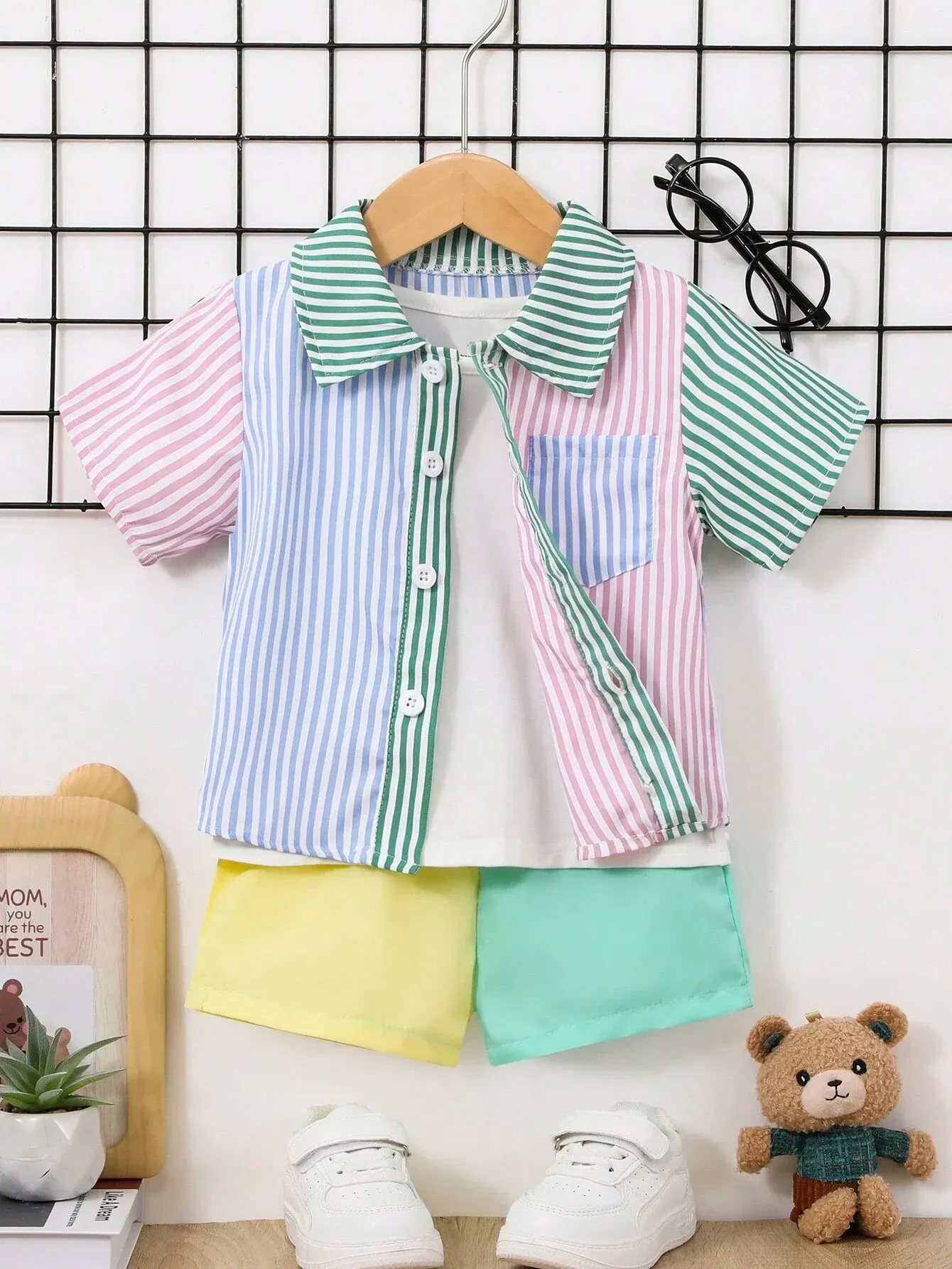 Baby Boy Outfits 2 Piece Summer Striped Shirt Single Breasted Short Sleeve Color Matching Shorts