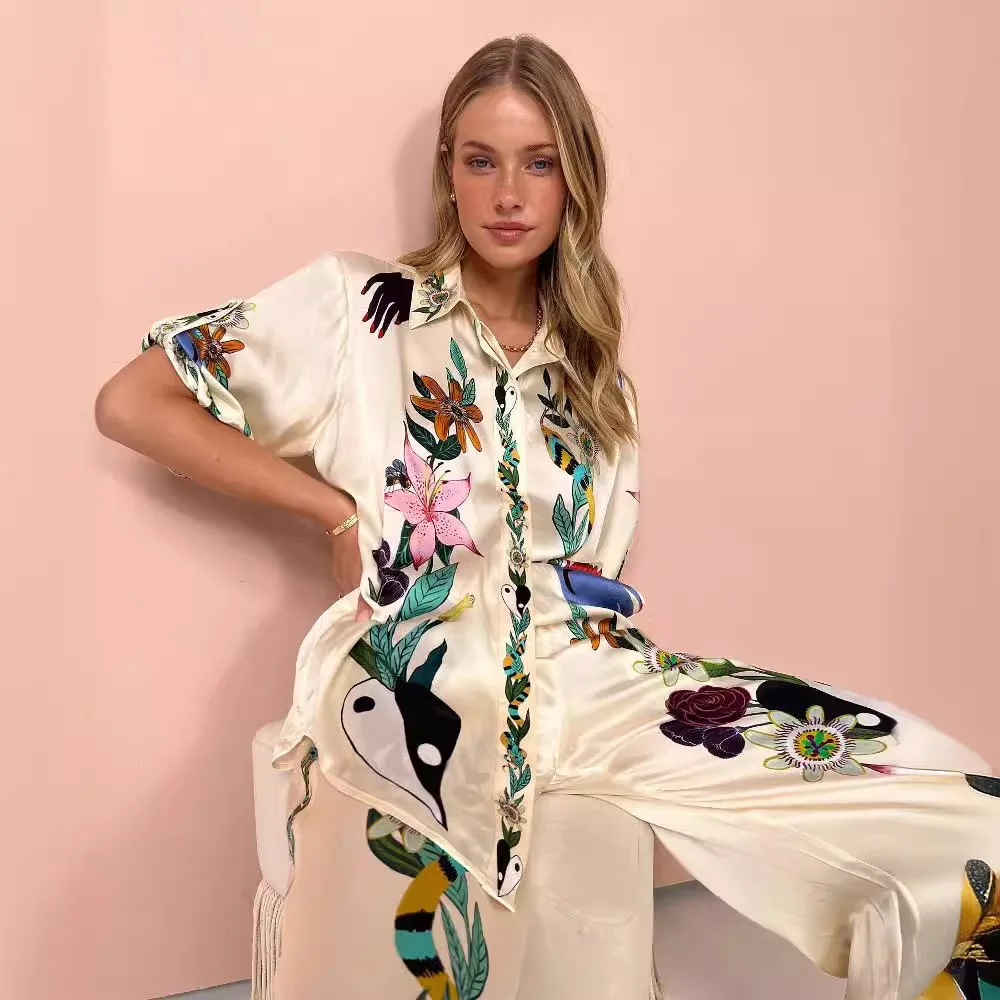 New Women Spring Chiffon Hand-Painted Printing Satin Surface Short Sleeve Lapel Collar Shirt Loose Trousers Casual Two Piece Set