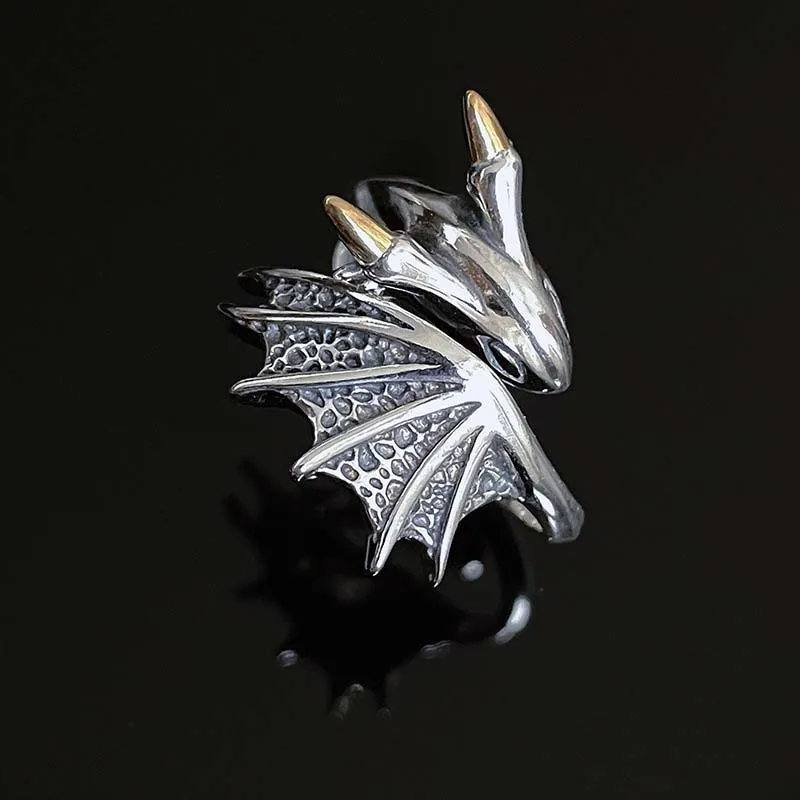 Flying Dragon Ring Retro Silver Adjustable Couple Jewellery_voghion.com