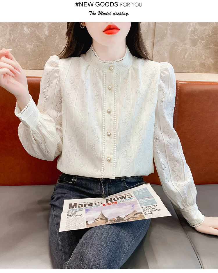 Neue 2025, Frühling Frauen Shirts & Blusen Aushöhlen Spitze Bluse Langarm Weiß Koreanische Tops Perlen Elegante Frauen Kleidung – Detail 10