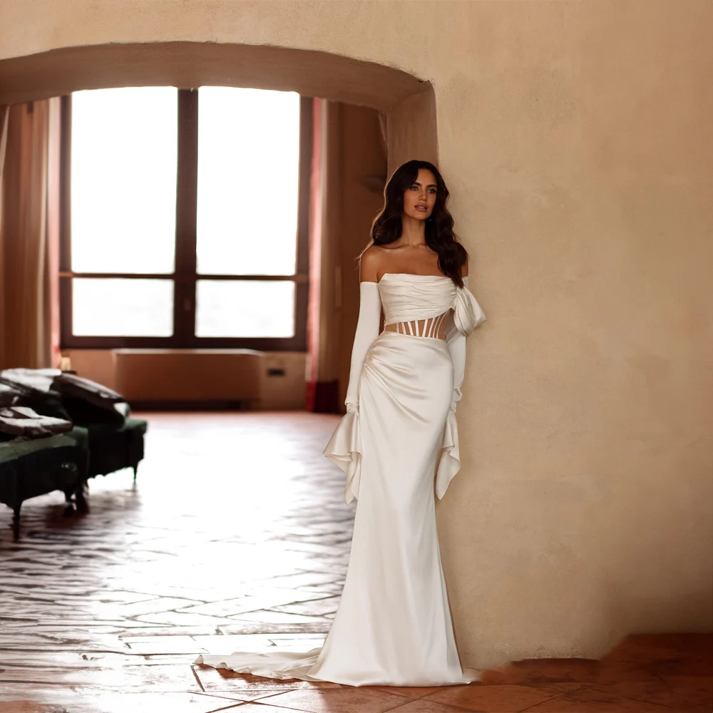 

Modest Strapless Satin Pleated Wedding Dresses for Women Long Sleeve Court Sheath Wedding Gown vestidos de novia