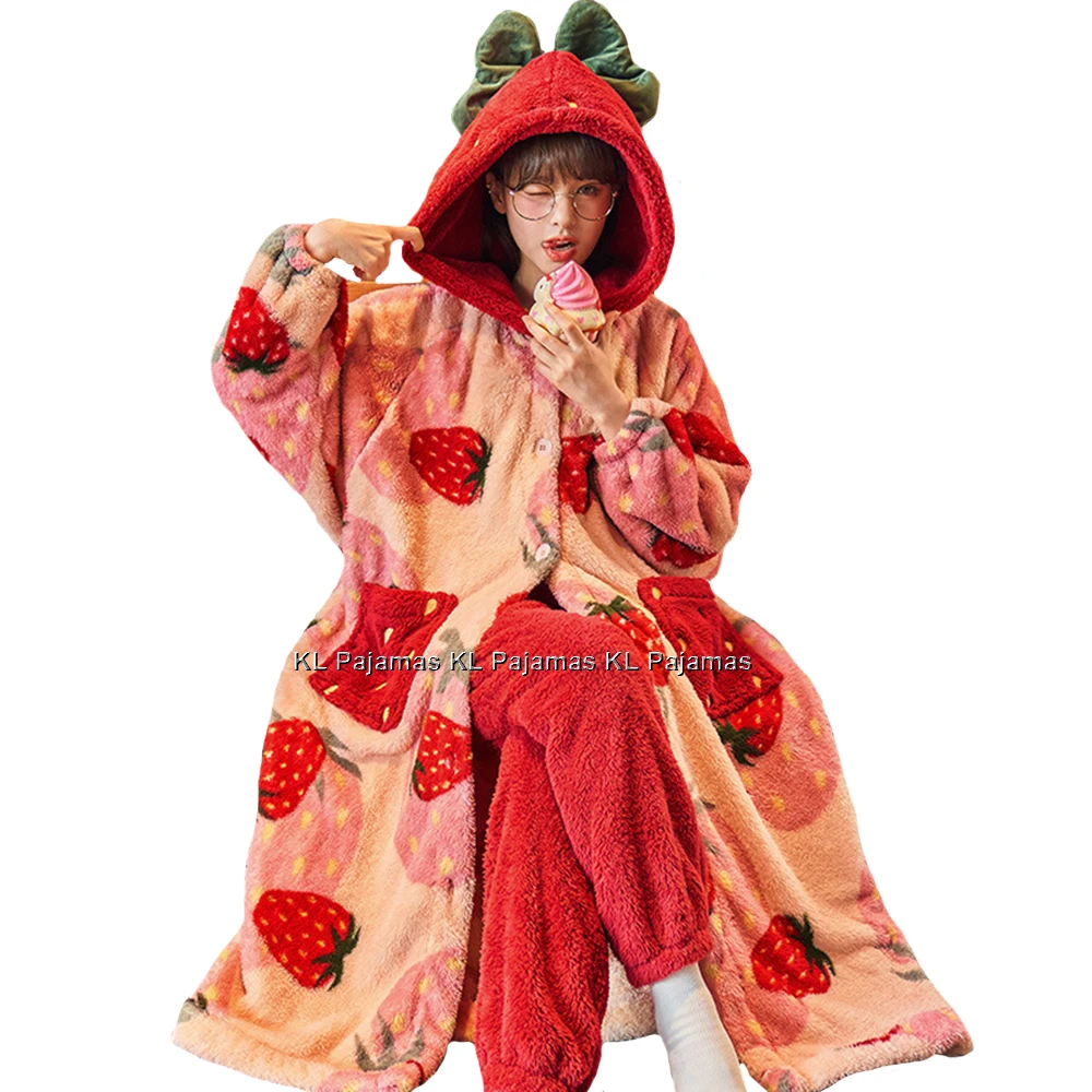 

Hooded Women's Bathrobe Flannel Robe Sets Thick Dressing Gown Winter Cartoon Plush Pajamas Set Sweet Nightgown With Pants Nighty