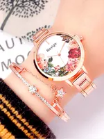 3PCs Women's Fashion Flower Plant Round Steel Band Quartz Watch+Diamond Star Bracelet Combination Set 2