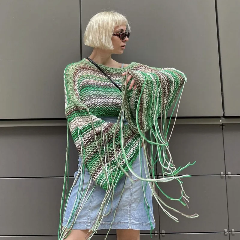 Tassel Contrast Holiday Sweater Pullovers For Women Loose Flared Sleeve Beach Boho Knit Female Cover up Pullover Crop top
