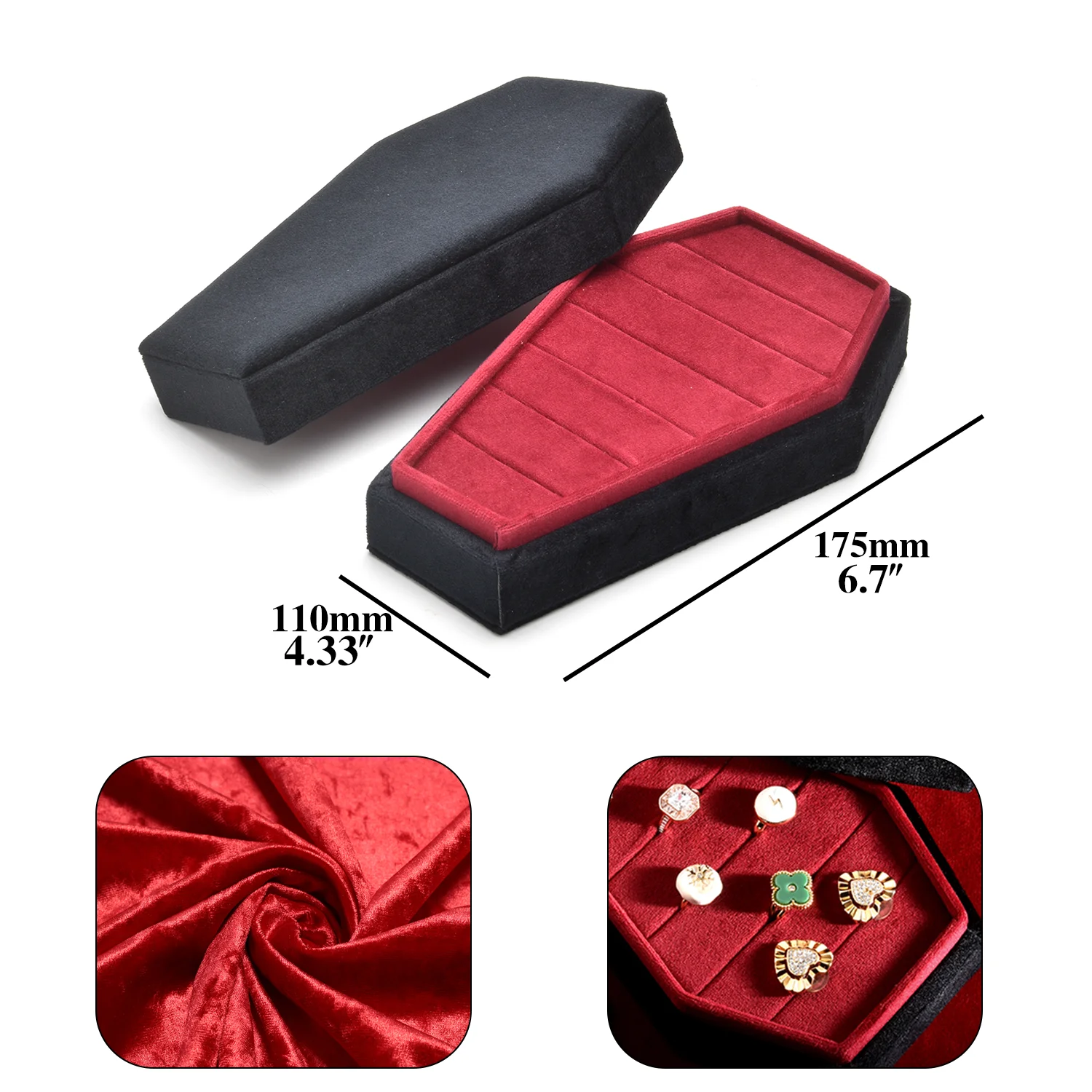 TAIMY Gothic Velvet Jewelry Coffin Ring Box Portable Travel Organizer Halloween Plush Personalized Gift Logo Jewellery Packaging
