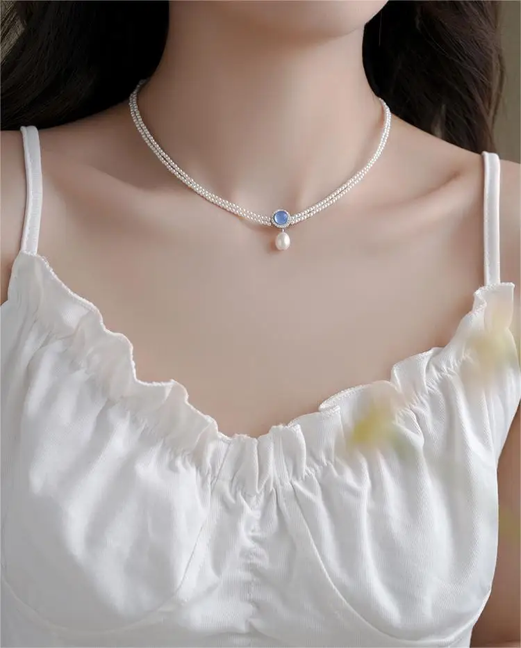 Natural Aquamarine Pearl Necklace For Women 2024 New Clavicle Double Layer Chain Pendant Jewelry Gift