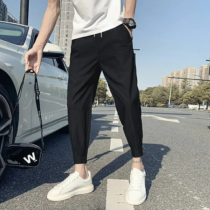 Summer Elegant Fashion Harajuku Slim Fit Ropa Hombre Loose Casual All Match Cropped Pants Solid Pockets Cotton Wide Leg Pants
